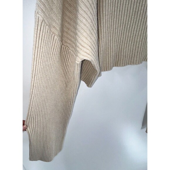 Women's Olivaceous Beige Ribbed Bell Sleeve Cropped Ovbersized Sweater Size M - Picture 4 of 6